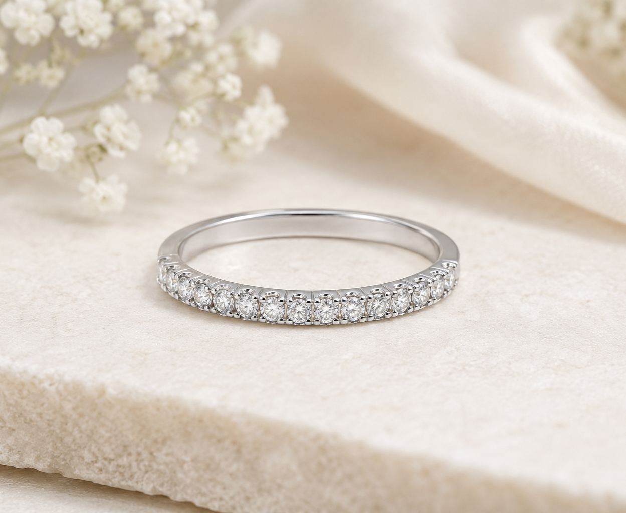 Half Eternity Ring Pavé Wedding Band in Solid Sterling Silver