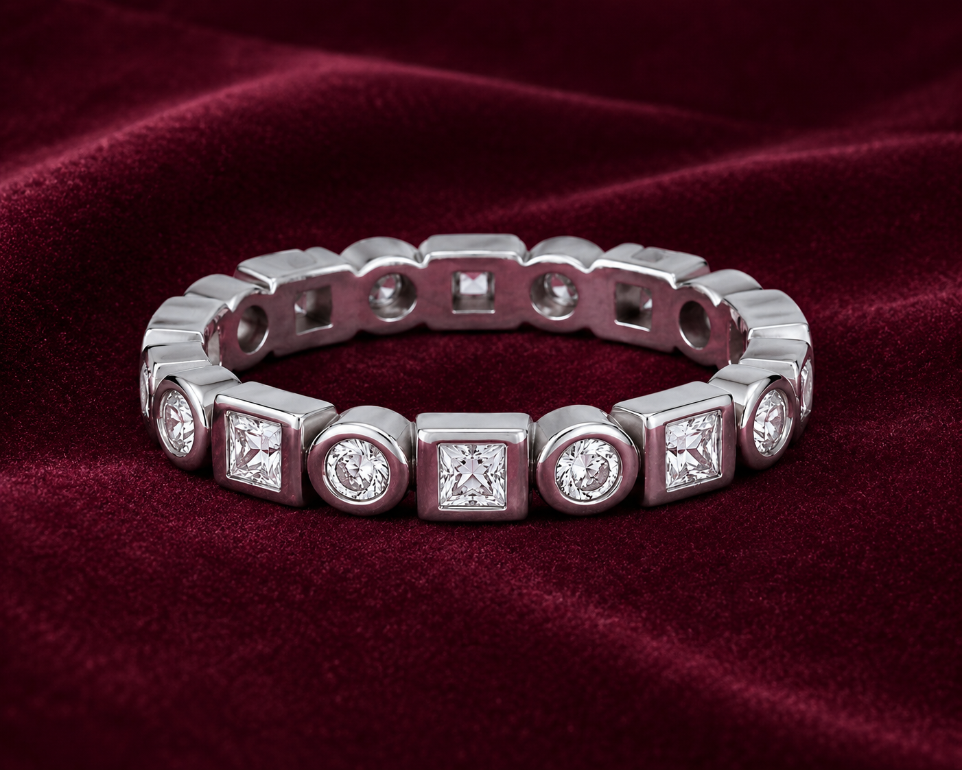 Sterling Silver Full Eternity Band Ring Square Princess and Round Gems 925