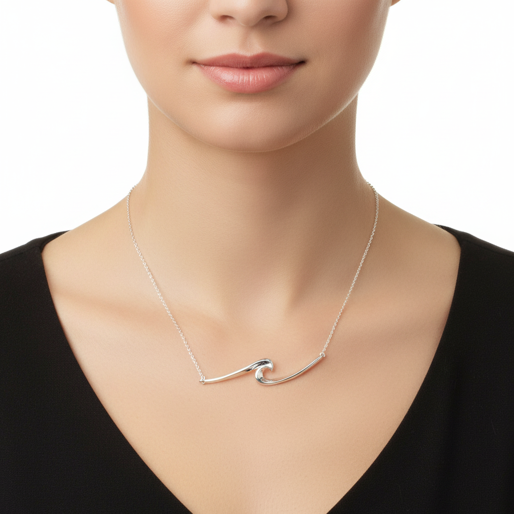 Silver Atlantic Wave Necklace Solid Sterling Silver 16-18" Hallmark Luxury Box