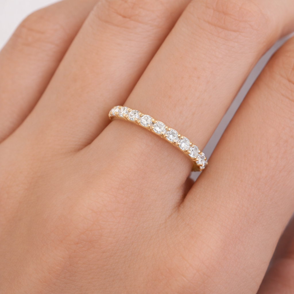 18ct Gold Half Eternity Ring on Solid Sterling Silver 925 Hallmark