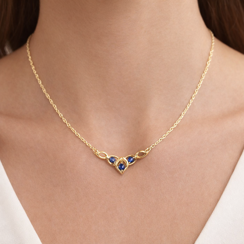 Natural Blue Sapphire Necklace With Diamond Yellow Gold 16.5" 42cm Length Chain