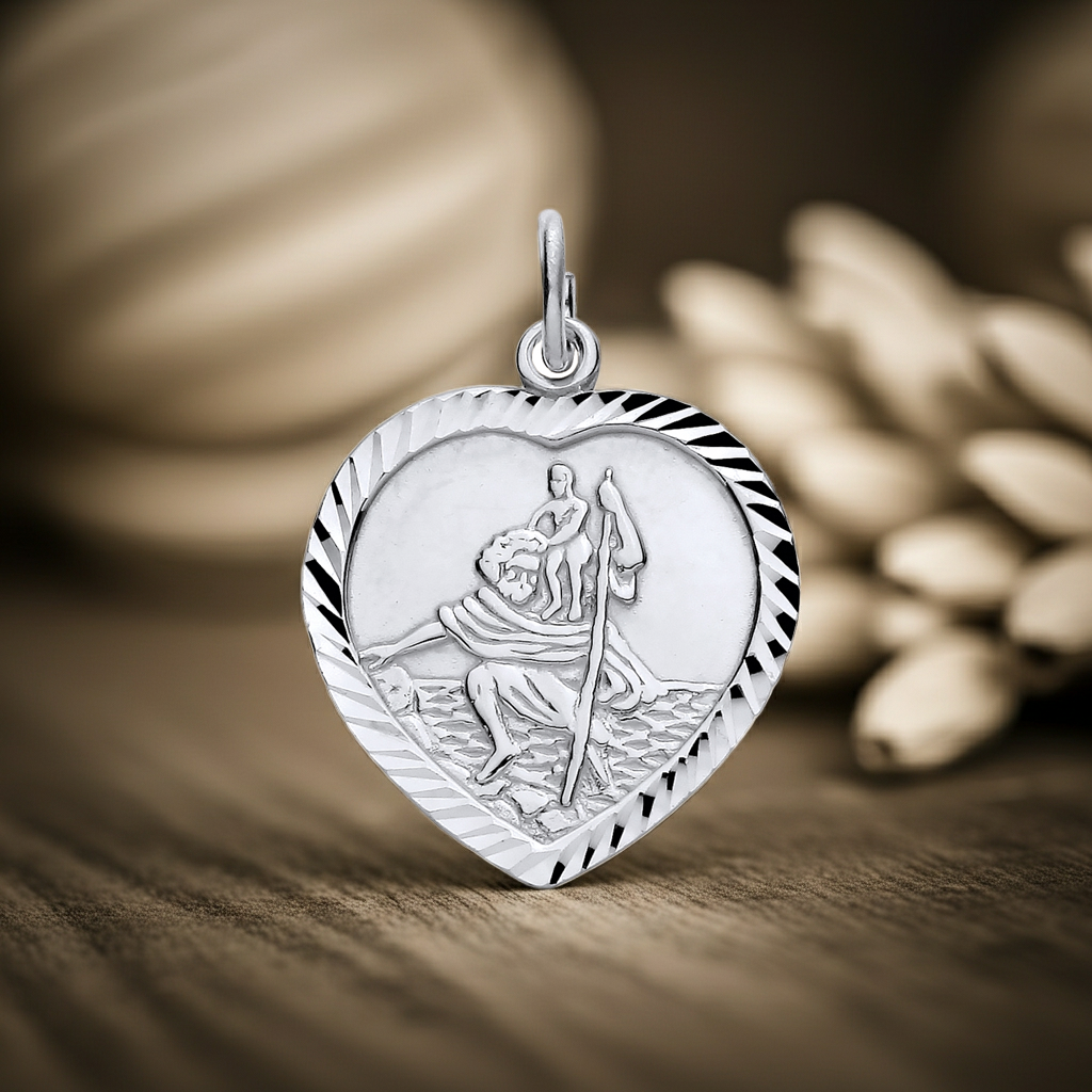 Sterling Silver Heart St Christopher Religious Medal 925 Hallmark