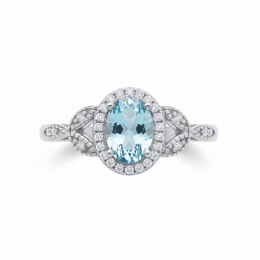 Sterling Silver Blue Topaz Ring Vintage Style Oval Halo 925 Hallmark Size K-S