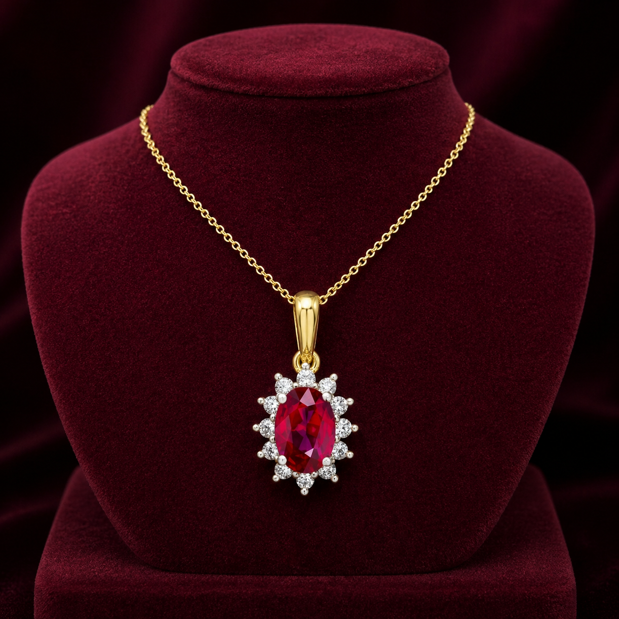 Ruby Oval Cluster Pendant With 0.25ctw Diamond 9ct Yellow Gold 18" 46cm Chain