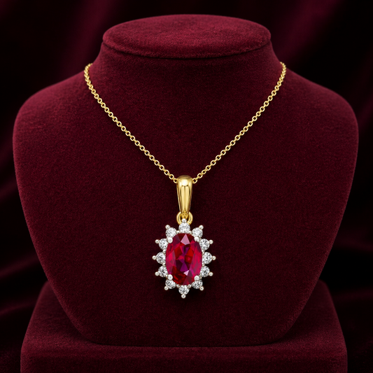 Ruby Oval Cluster Pendant With 0.25ctw Diamond 9ct Yellow Gold 18" 46cm Chain