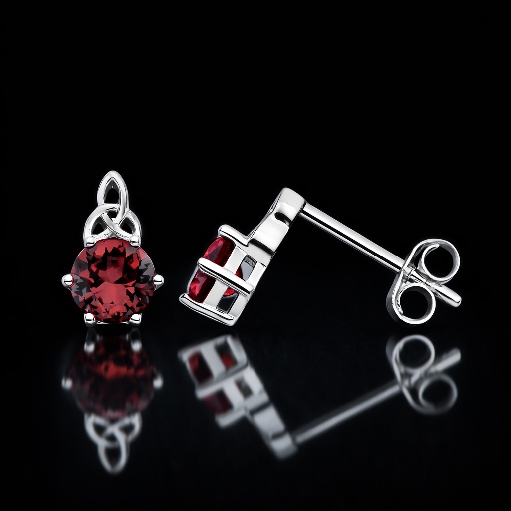 Ruby Celtic Stud Earrings Solid Sterling Silver 925 Hallmark Rhodium Finish
