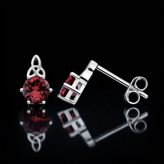 Ruby Celtic Stud Earrings Solid Sterling Silver 925 Hallmark Rhodium Finish