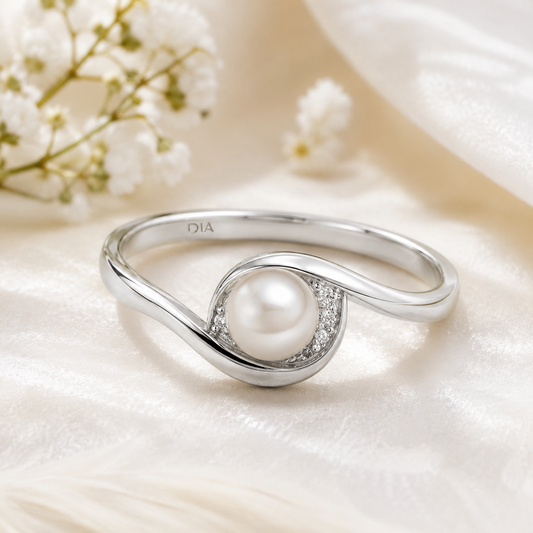 White Gold Freshwater Pearl & Diamond Accent Swirl Ring for Women