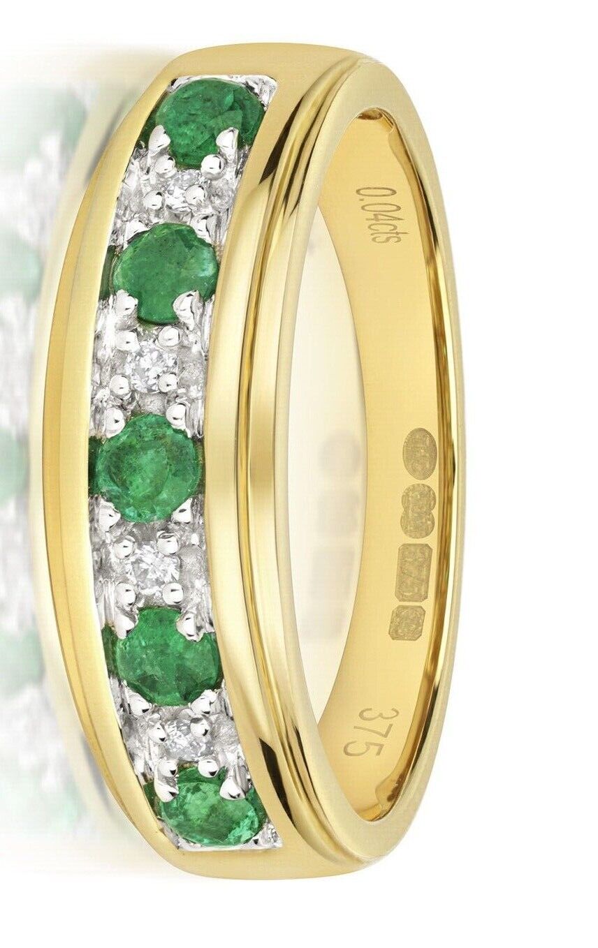 Real Emerald and Diamond Eternity Ring 5mm Band 9ct Yellow Gold