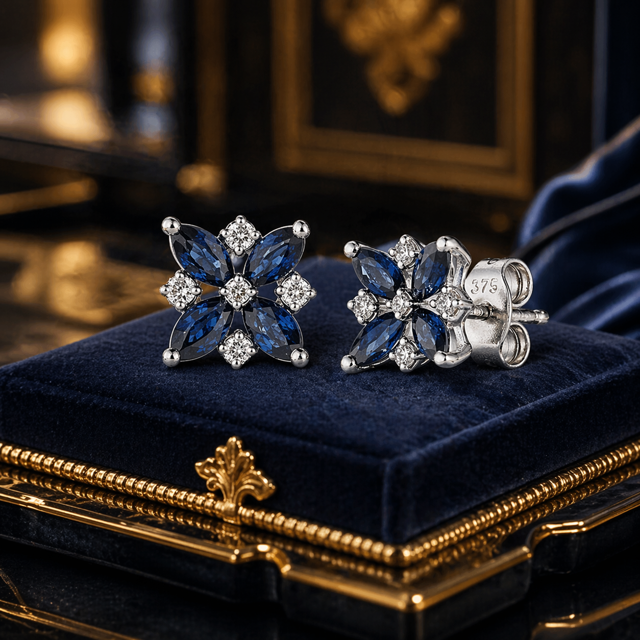 Natural Sapphire and Diamond Flower Earrings Solid 9ct White Gold Hallmarked