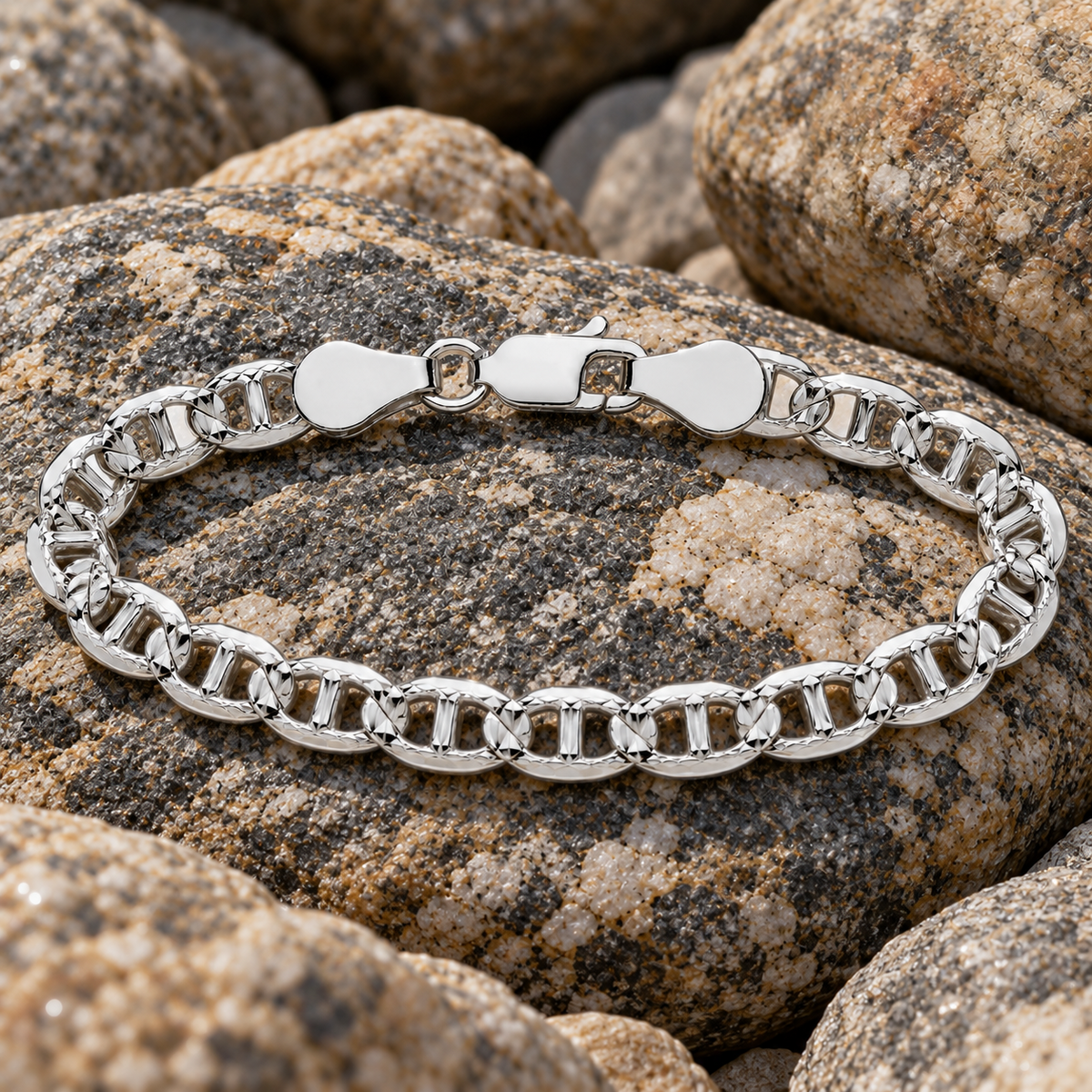 Men's Anchor Mariner Bracelet Solid Silver Diamond Cut Hallmarked 6.5mm Wide 8"