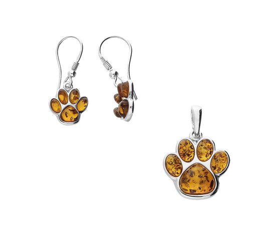 Cognac Amber Paw Print Pendant and Earrings Set Solid Sterling Silver 925