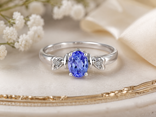 Natural Oval Blue Tanzanite & Diamond Heart Accent Ring White Gold Size JKLMNOPQ