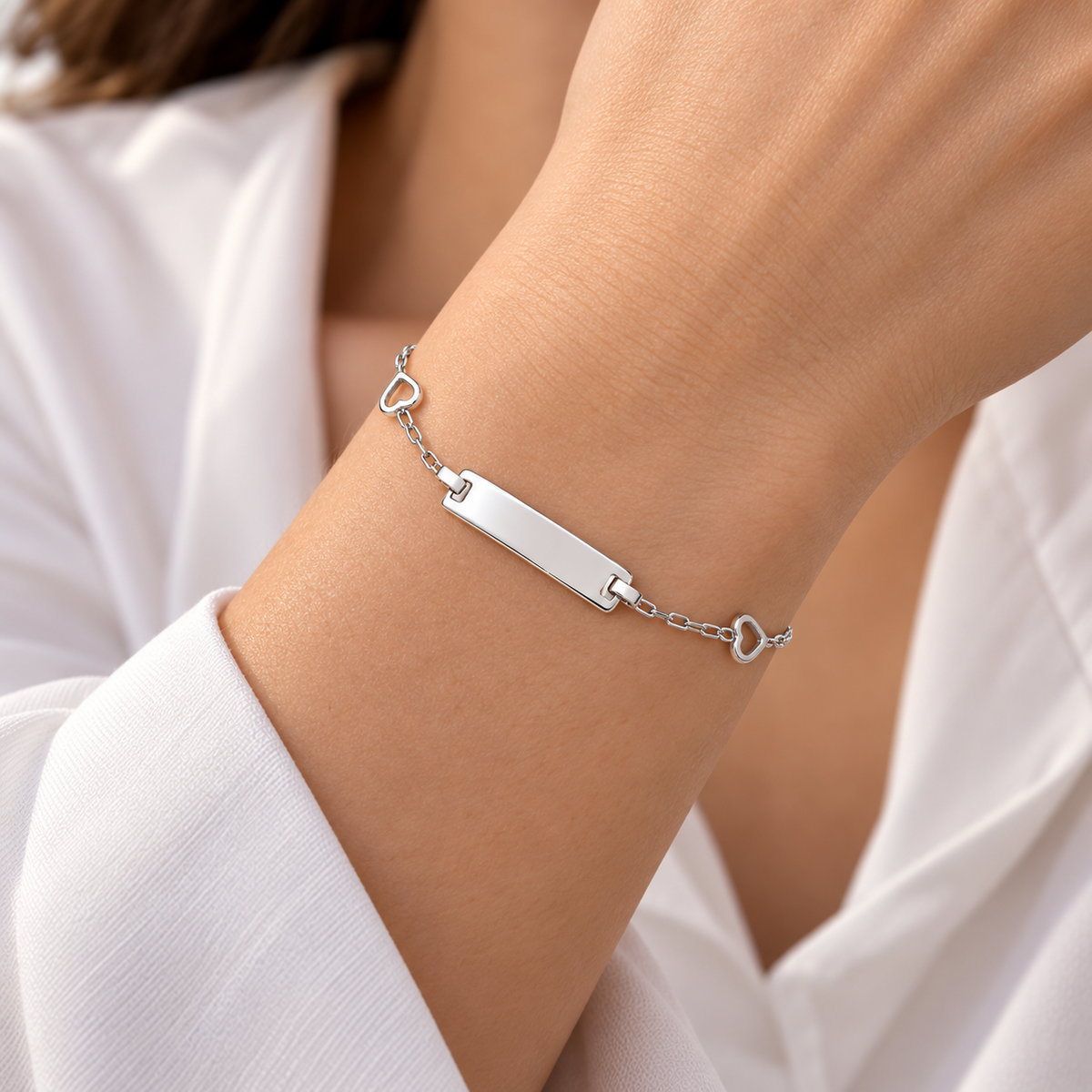 Sterling Silver Heart Charm Identity Bar Chain Bracelet Lobster Clasp