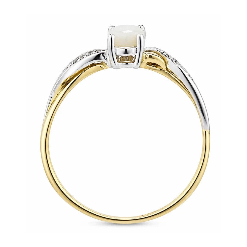 Opal & Diamond Oval Gemstone Ring Two Tone Yellow & White Gold Hallmarked