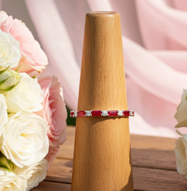 18ct Gold Ruby Baguette Eternity Ring on Solid Sterling Silver 925 Hallmark