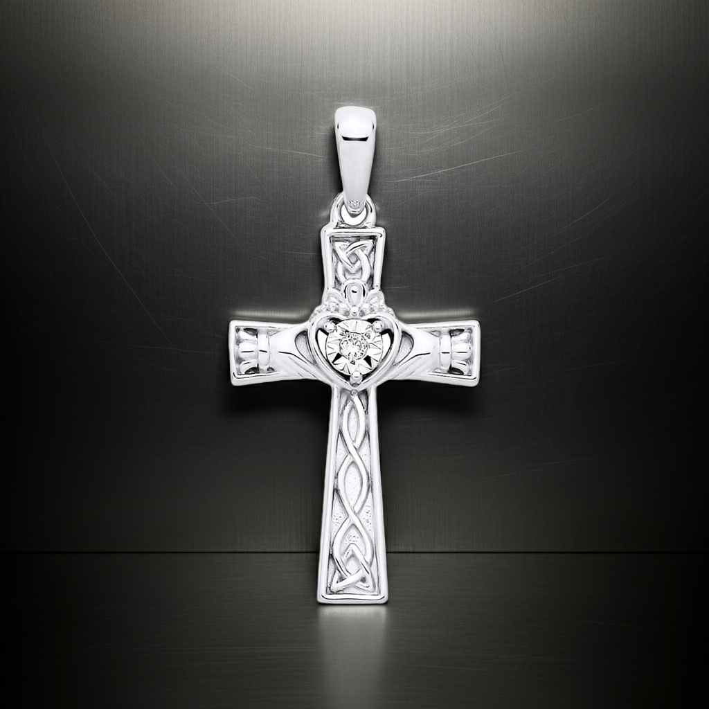 Natural Diamond Claddagh Cross Pendant Solid Sterling Silver 925 Hallmark
