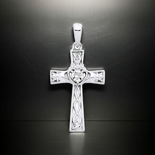 Natural Diamond Claddagh Cross Pendant Solid Sterling Silver 925 Hallmark