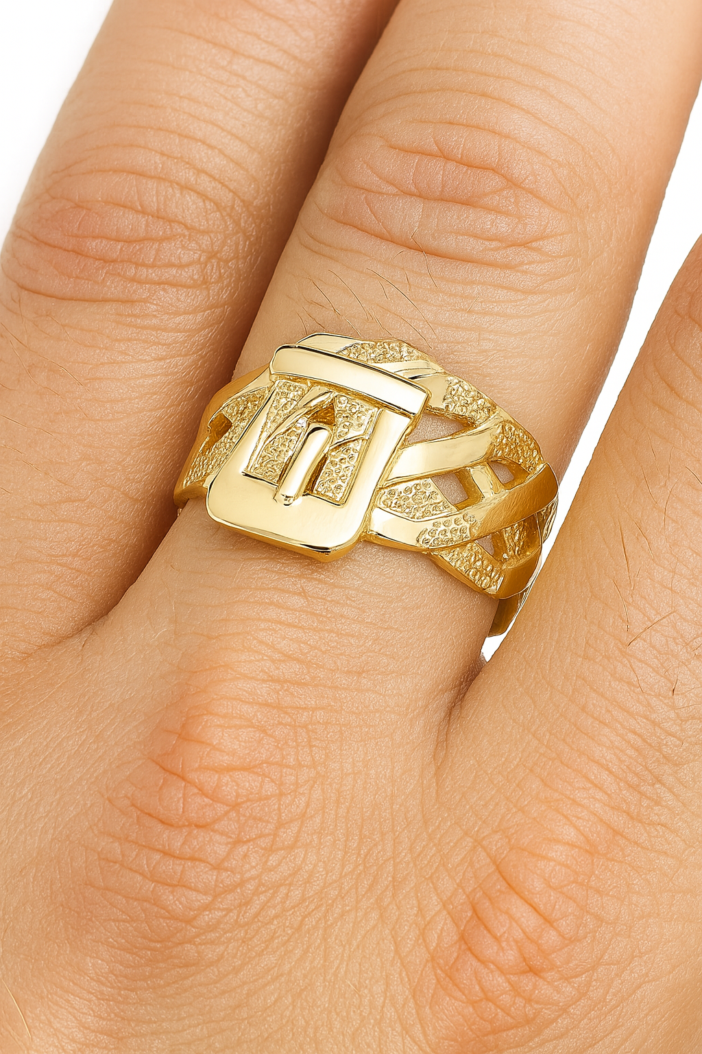 Gents Woven Buckle Ring 18ct Yellow Gold on Solid Sterling Silver Size Q - Z+2