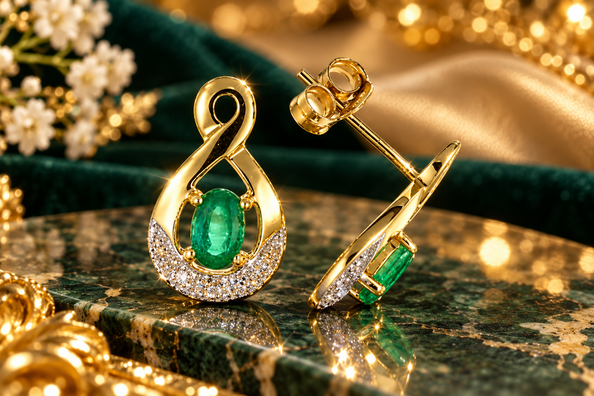 Emerald and Diamond Earrings Yellow Gold Twist Stud Hallmarked Natural Stones