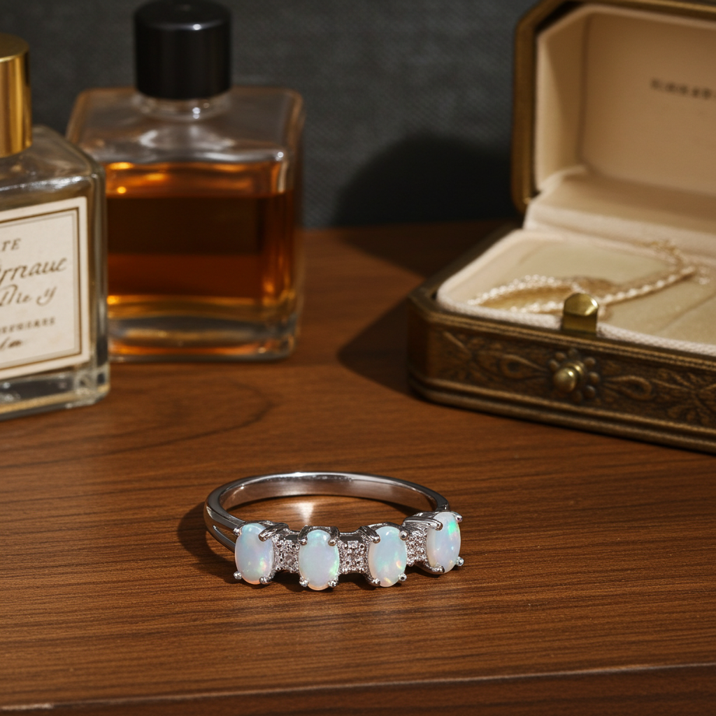 Natural Opal and Diamond Eternity Ring Solid Sterling Silver 925 Size J - V