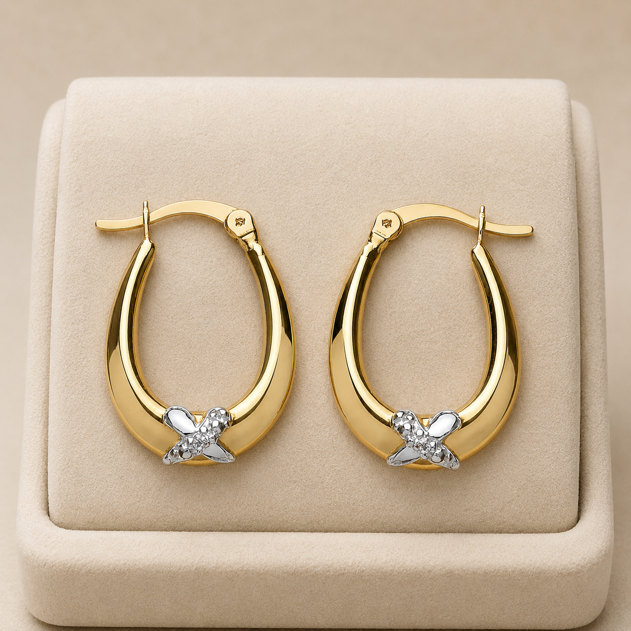 18ct Gold Oval Creole Hoop Earrings on Sterling Silver 925 Hallmark Two Tone