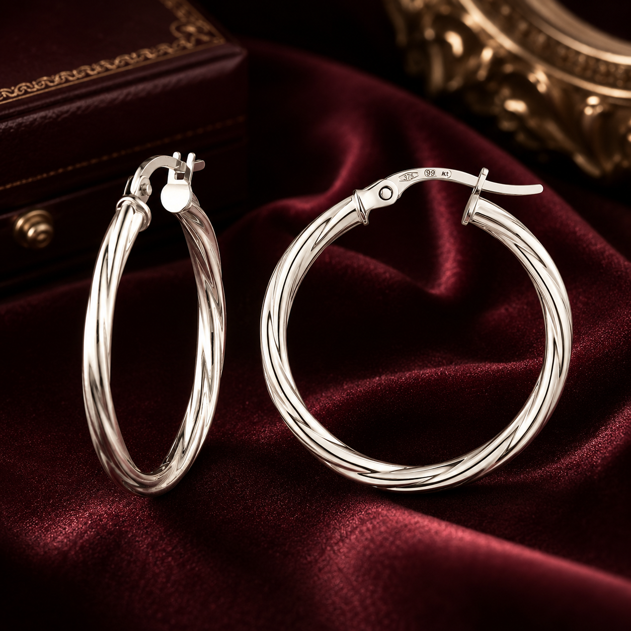 White Gold Twisted Hoop Earrings Snap Closure Polished 23mm Hallmarked