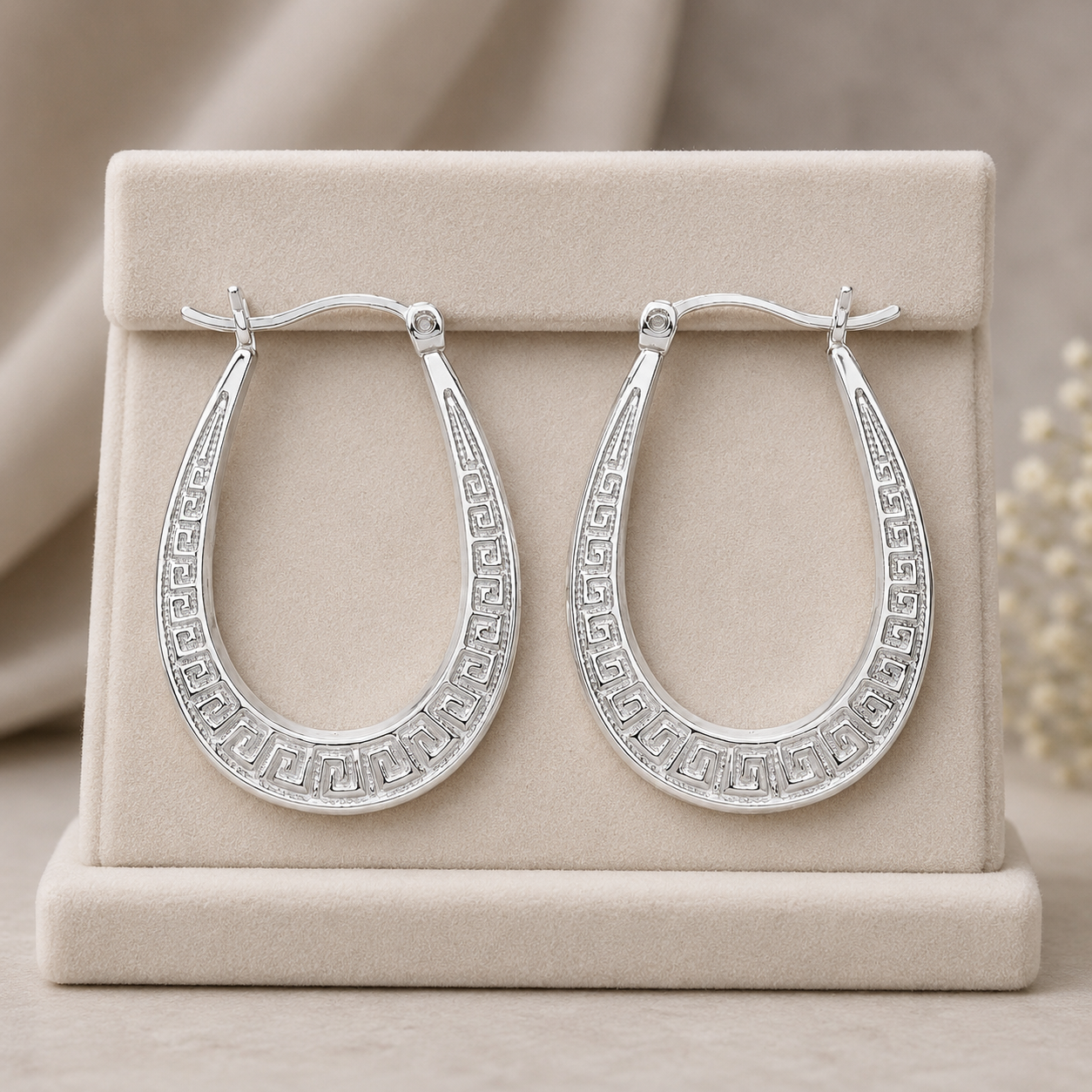 Greek Key Oval Creole Hoop Earrings Sterling Silver 925 32mm