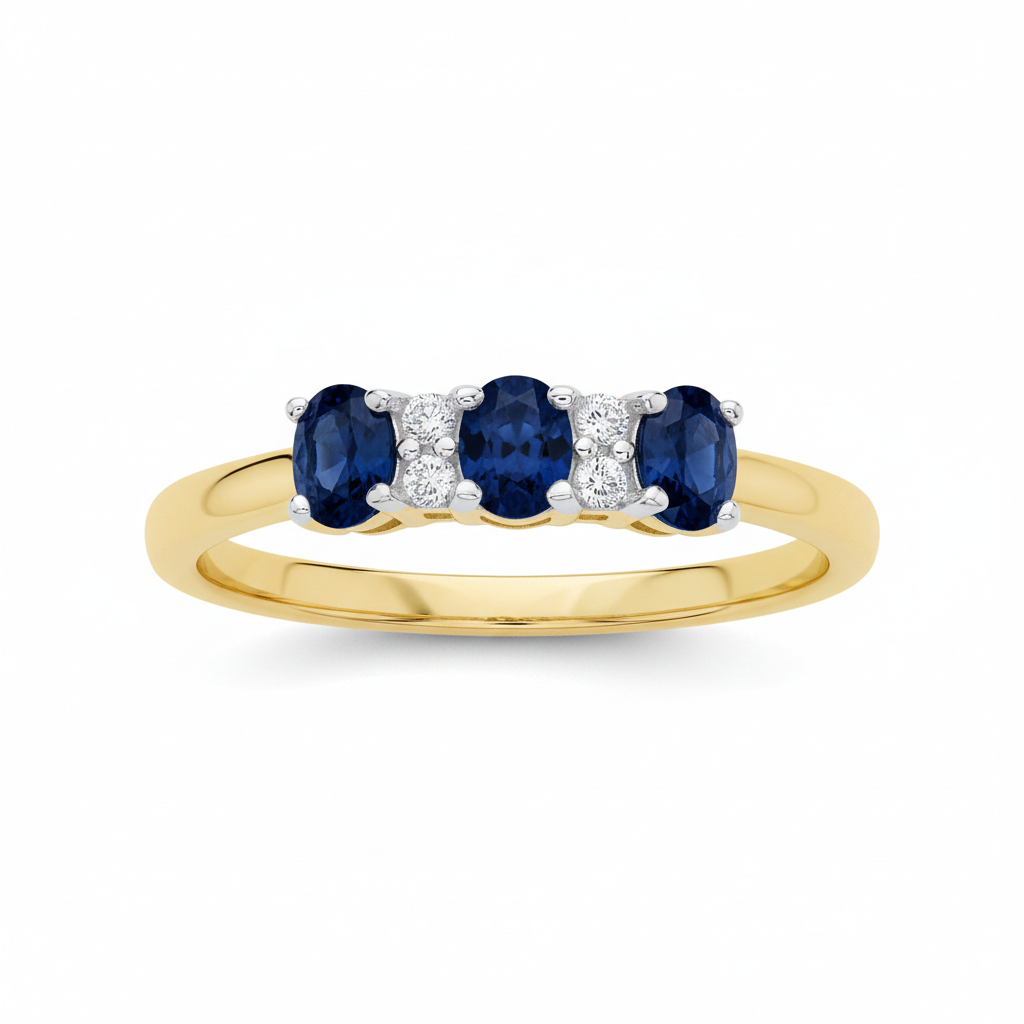 Sapphire Three Stone Trilogy Ring 18ct Gold on Solid Sterling Silver Size K-S