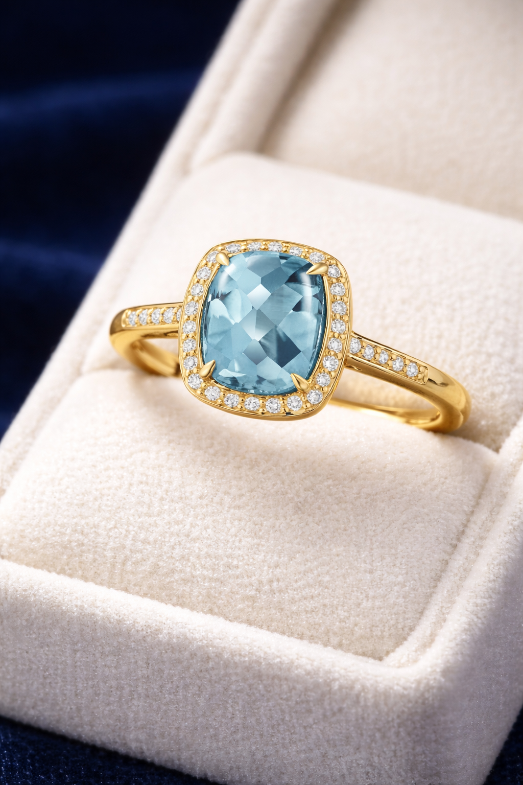 Swiss Blue Topaz and Diamond Ring 9ct Yellow Gold Cushion Cluster Size JKLMNOPQ