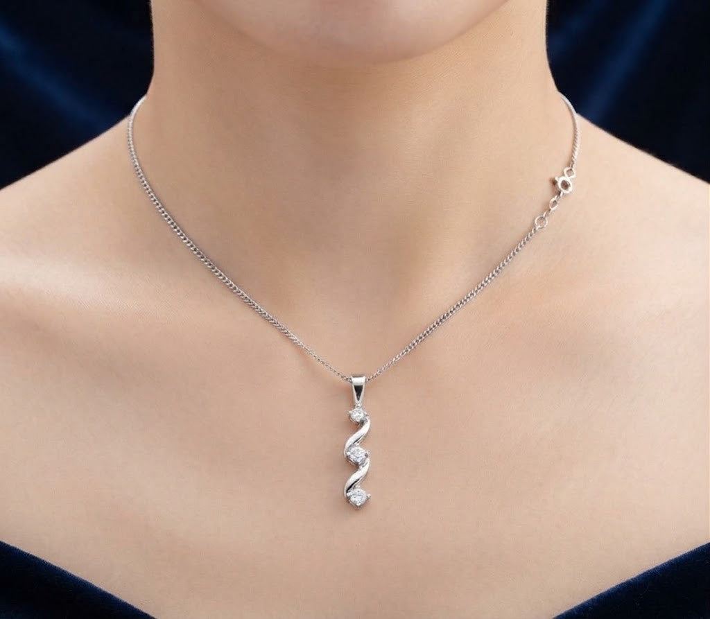 Natural Diamond Three Stone Trilogy Pendant 9ct White Gold 18" / 45cm Chain