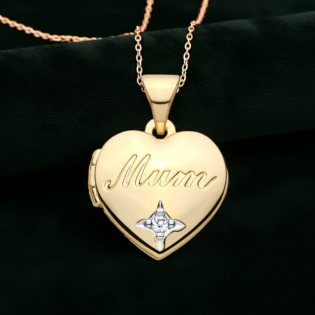 Natural Diamond Mum Heart Locket 18ct Gold on Solid Sterling Silver 18" Chain