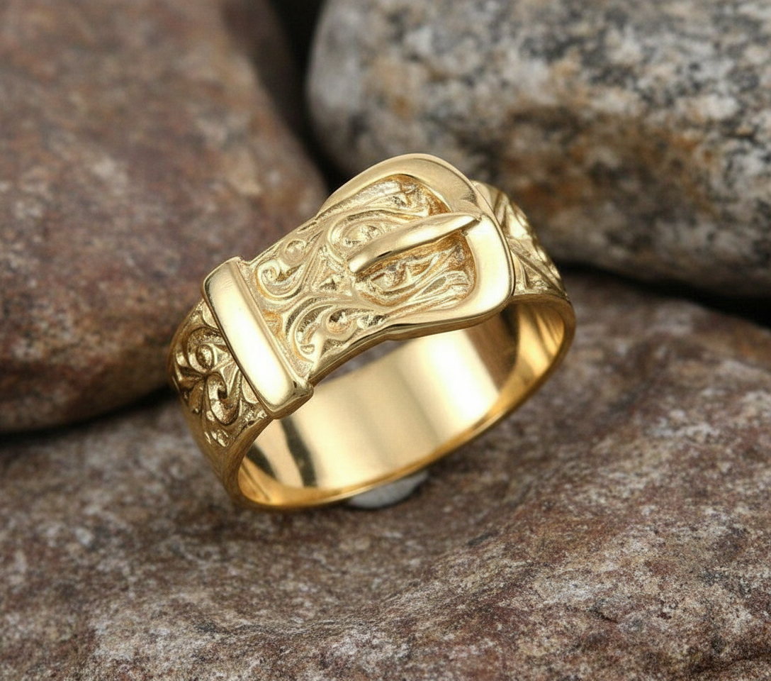 9ct Yellow Gold Gents Buckle Ring Hand Carved 10mm Band Fully Hallmarked
