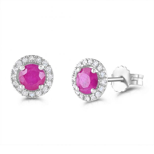 9ct White Gold Ruby and Diamond Round Earrings 8.3mm Diameter Hallmarked