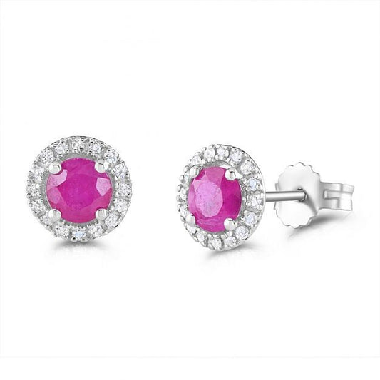 9ct White Gold Ruby and Diamond Round Earrings 8.3mm Diameter Hallmarked