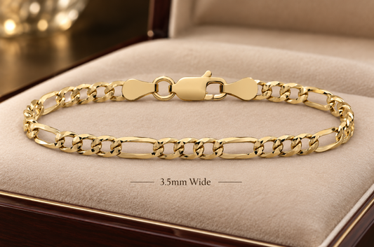 18ct Gold Pave Figaro Bracelet on Solid Silver 6" 3.5mm Wide