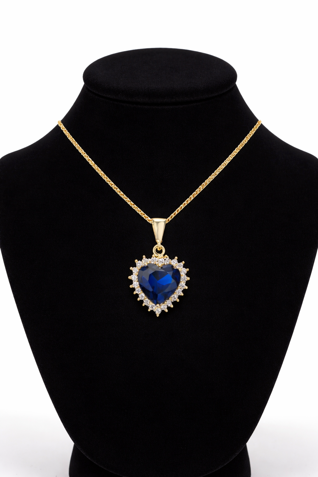 Blue Sapphire Heart Pendant Cluster 9ct Yellow Gold 18" 46cm Length Chain