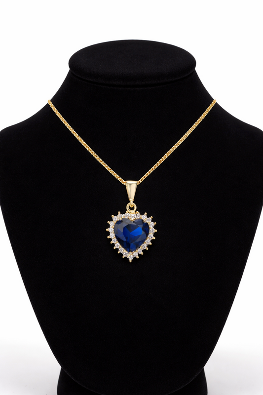 Blue Sapphire Heart Pendant Cluster 9ct Yellow Gold 18" 46cm Length Chain