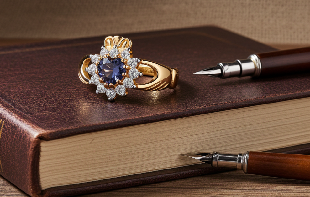 18ct Gold Tanzanite Claddagh Ring on Solid Sterling Silver 925 Hallmark