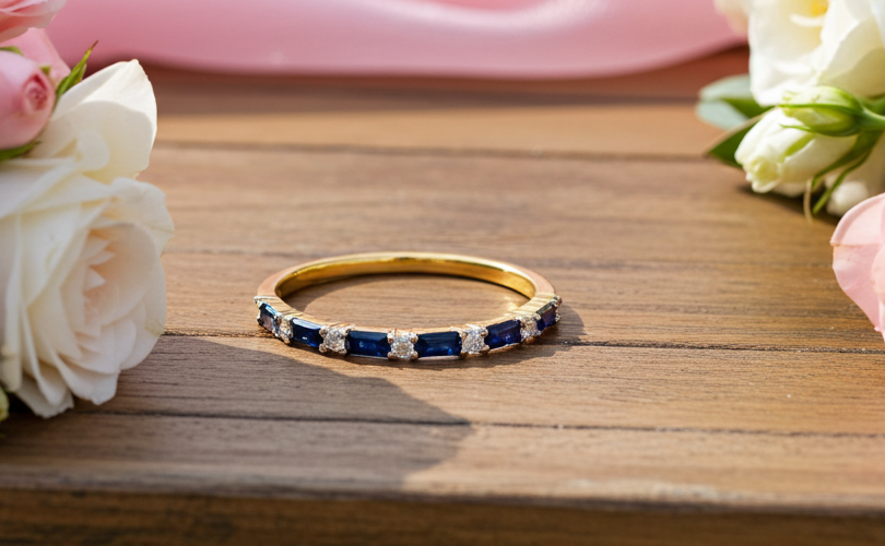 18ct Gold Sapphire Baguette Eternity Ring on Solid Sterling Silver 925 Hallmark