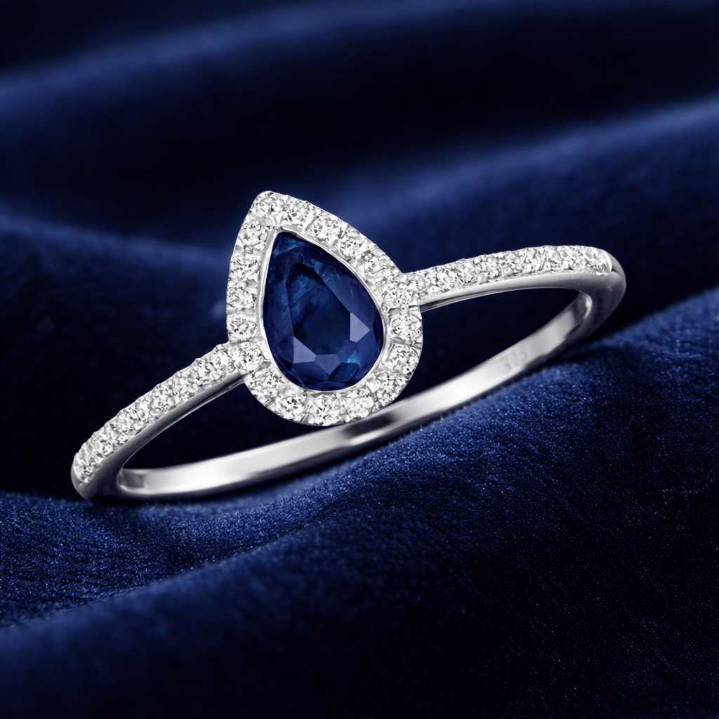 Sapphire and Diamond Pear Ring 9ct White Gold Teardrop Cluster Size J - Q