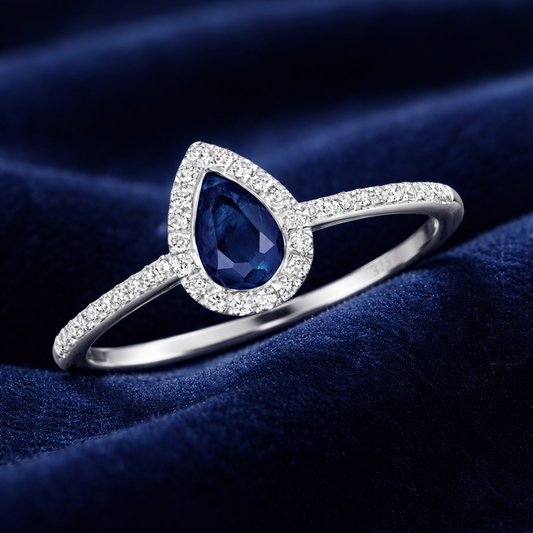 Sapphire and Diamond Pear Ring 9ct White Gold Teardrop Cluster Size J - Q