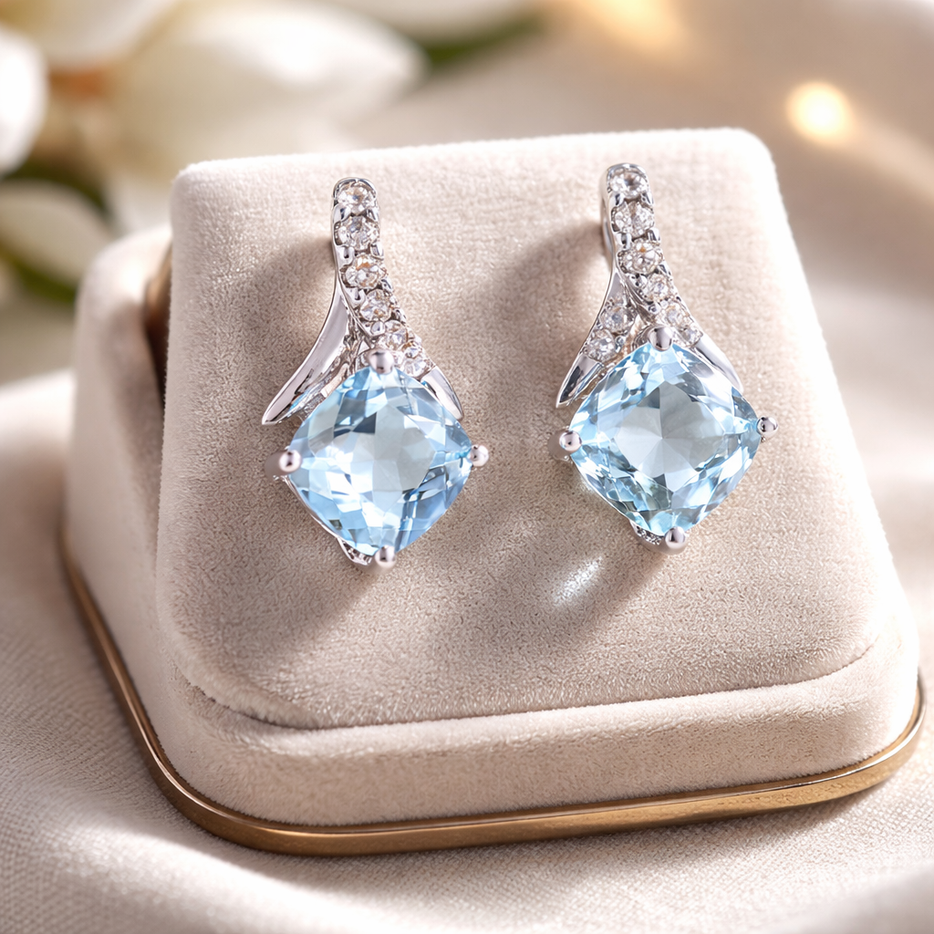 Natural Blue Topaz and Diamond Earrings Solid White Gold Cushion Drop Hallmarked