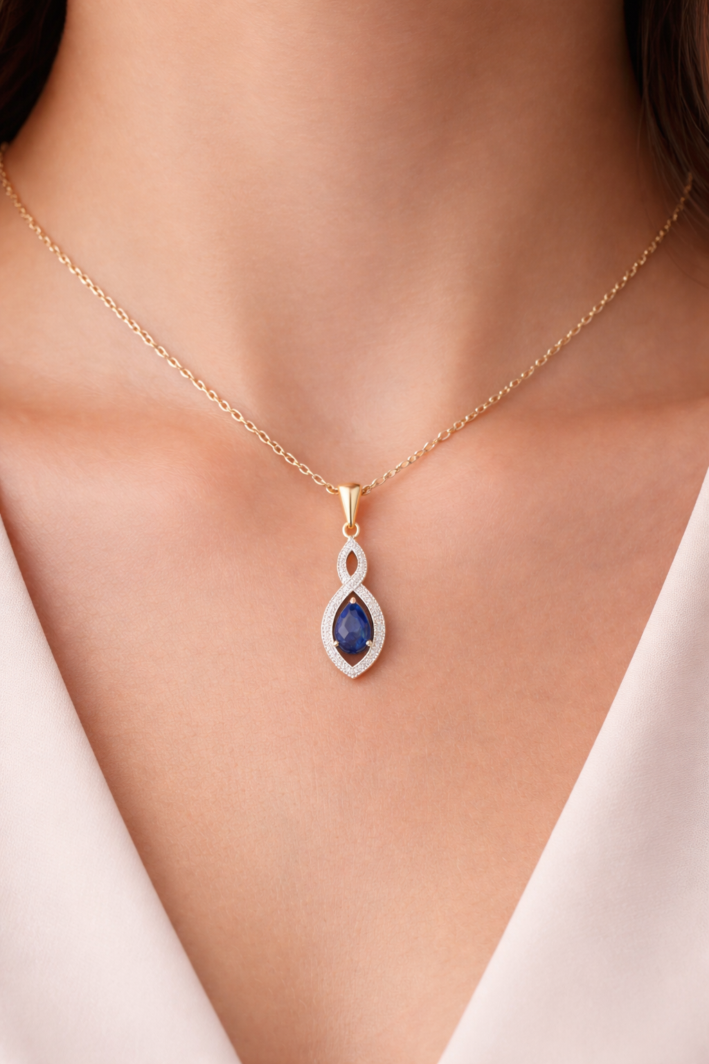 Real Sapphire Pear Pendant With Diamond Solid Yellow Gold 18" 46cm Length Chain