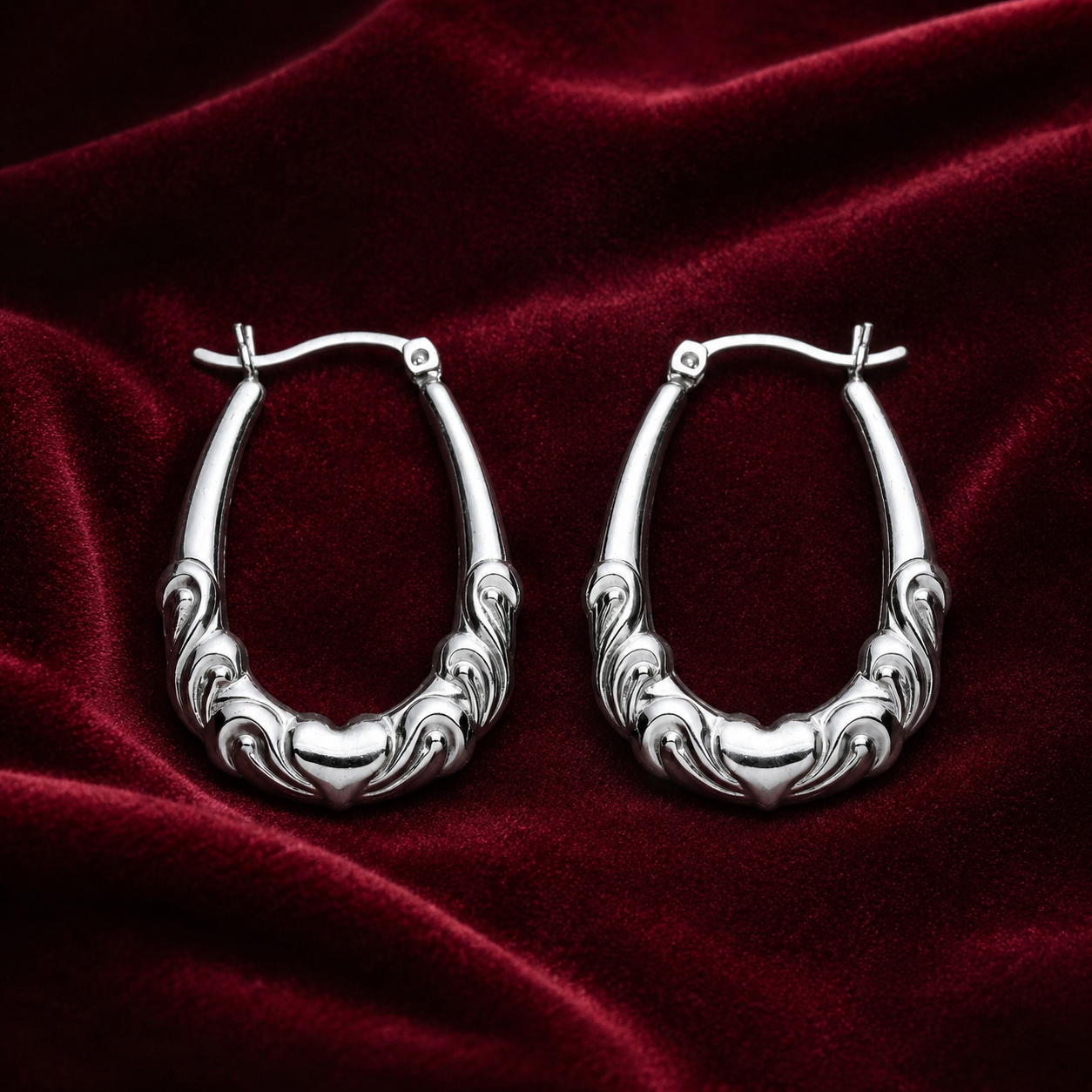 Oval Creole Hoop Earrings With Heart Sterling Silver 925 Hallmark