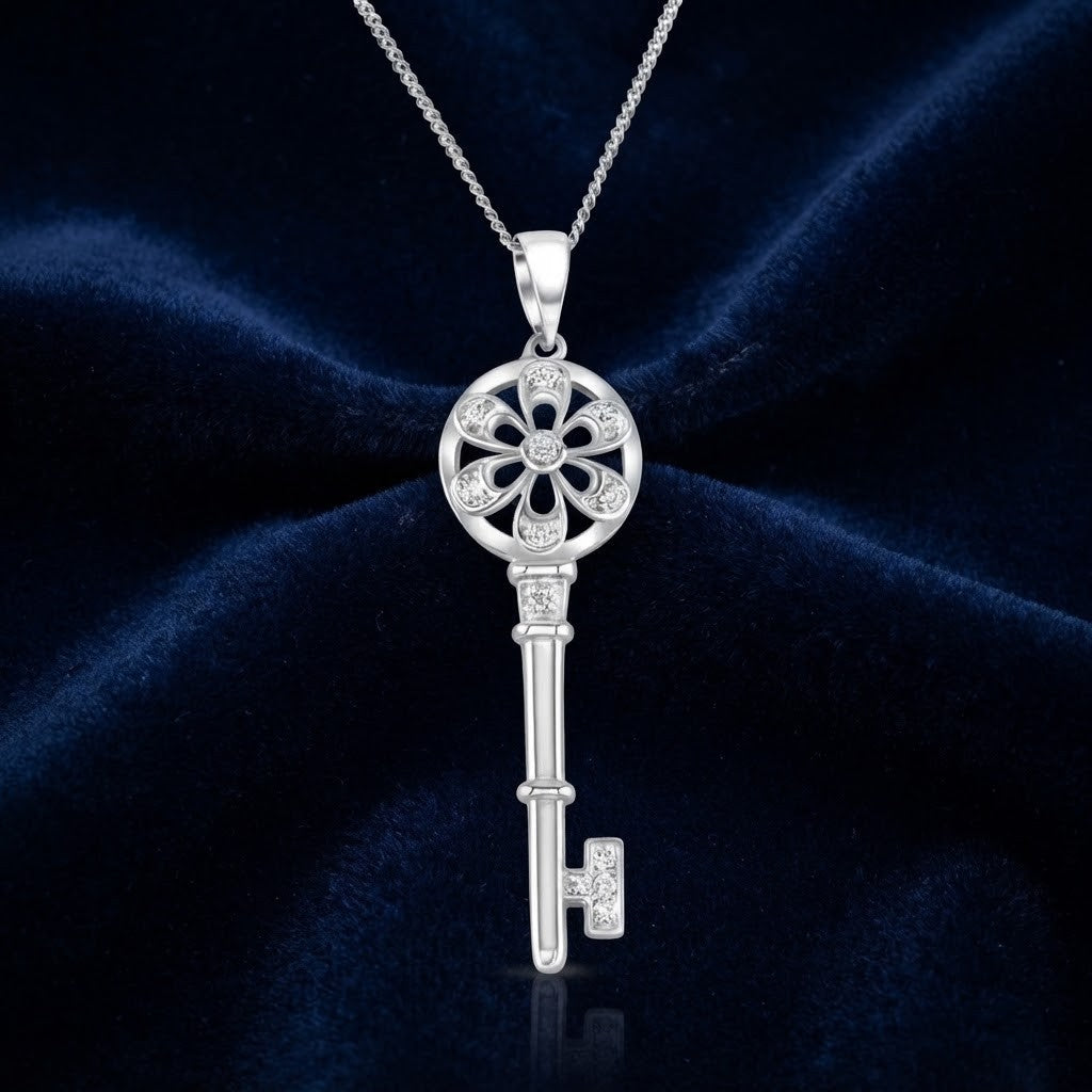 Diamond Floral Key Pendant 9ct White Gold 18" / 45cm Natural Premium Diamonds
