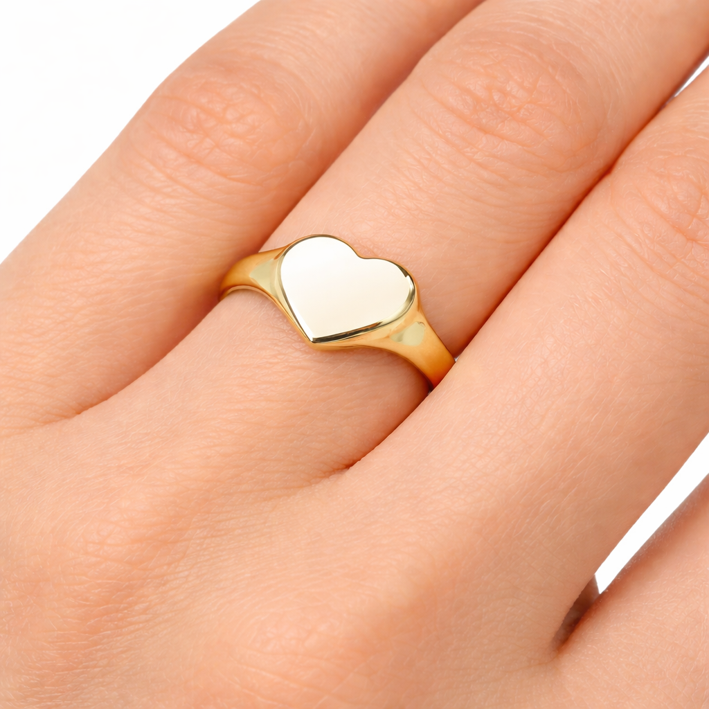 Plain Heart Signet Ring 18ct Gold on Solid Sterling Silver 925 Hallmark Size K-S