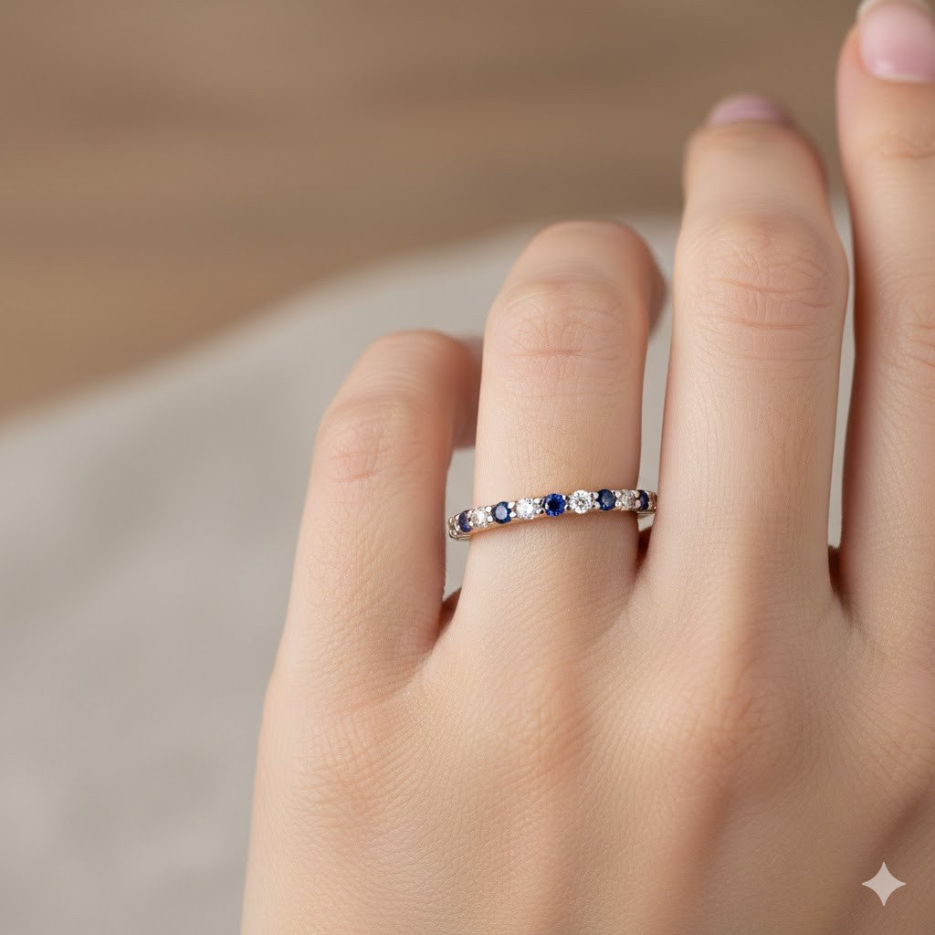 18ct Gold Sapphire Eternity Ring on Solid Sterling Silver 925 Hallmark