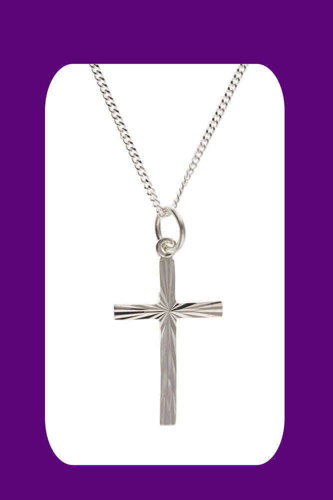 Sterling Silver Diamond Cut Cross Pendant 925 Hallmark 22 x 13mm 16 - 18" Chain