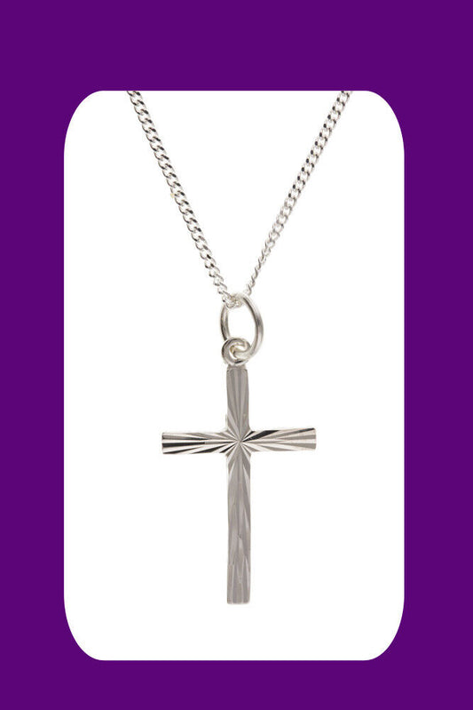 Sterling Silver Diamond Cut Cross Pendant 925 Hallmark 22 x 13mm 16 - 18" Chain